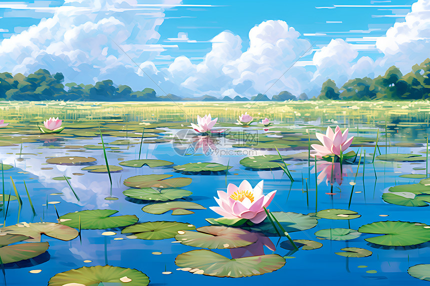 湖面幽静的莲花图片