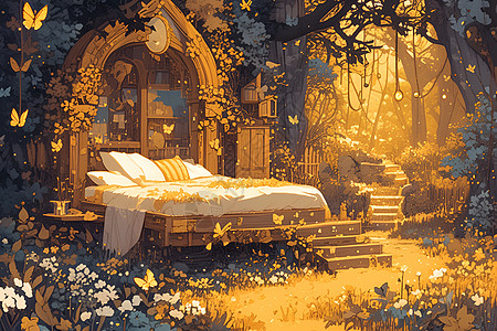 童话森林中的木床图片
