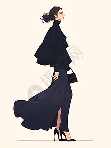 时尚模特黑白时尚的黑衣女孩插画