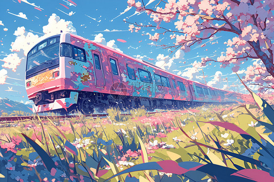 樱花海中的粉色列车图片