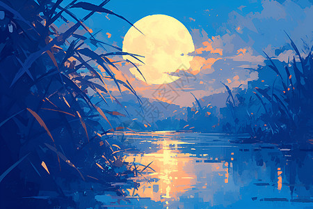 月夜波光倒映在宁静河畔的画图片