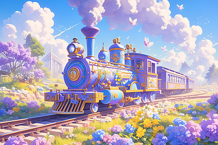 火车穿行在花草树木间图片