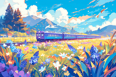 火车穿过花草图片