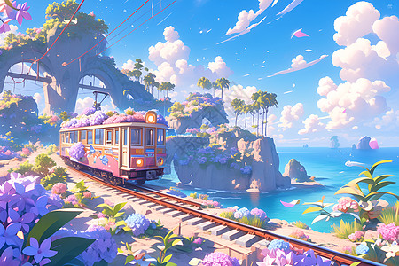 火车穿过美丽春天背景图片