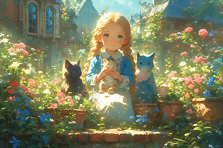花园中的小女孩和猫图片
