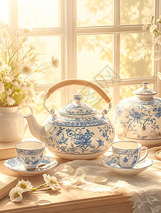 雅致的蓝白茶壶图片