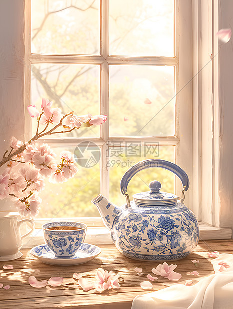 窗台上的蓝白瓷茶壶图片