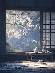 木桌上的蓝白瓷茶壶图片
