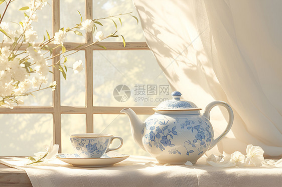 唯美的蓝白瓷茶壶图片