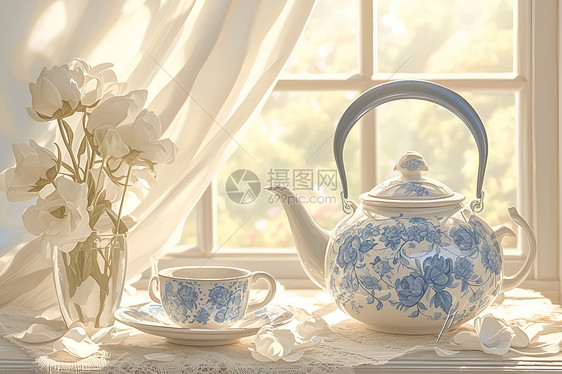 窗前的茶具图片