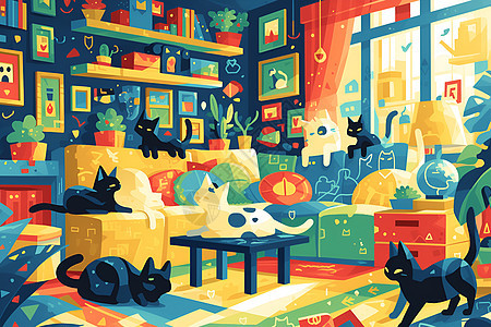 有超多猫咪的客厅图片