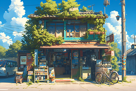绿植背景街口的商店插画