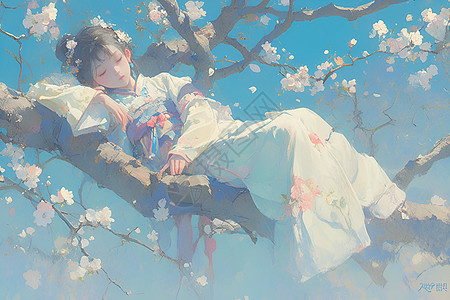 梦幻桃花树上的汉服女子图片