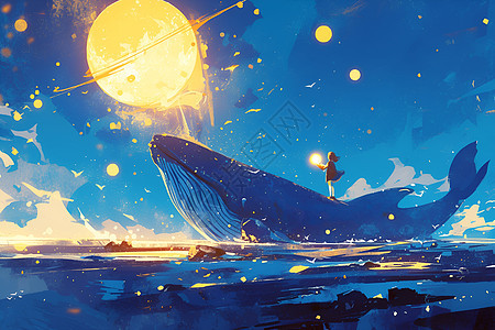 月色海洋的梦幻插画背景图片
