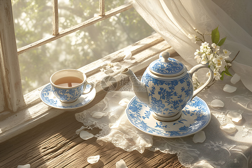 窗台上的茶壶图片