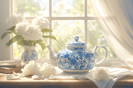 蓝白茶壶的细节图片