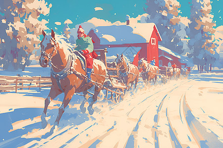 冬日农场奔驰拉车背景图片