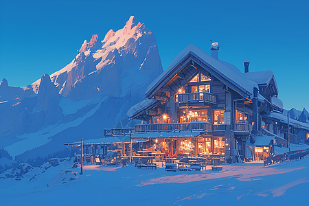 雪山小屋的温馨风景图片