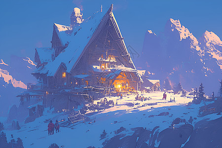 夜晚雪山小屋图片
