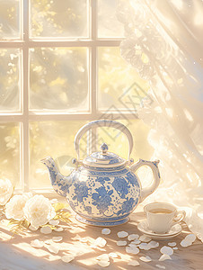 阳光下窗台上的茶壶图片