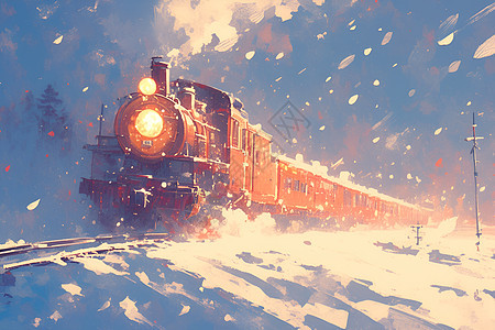 飘雪冬日火车缓缓驶过图片
