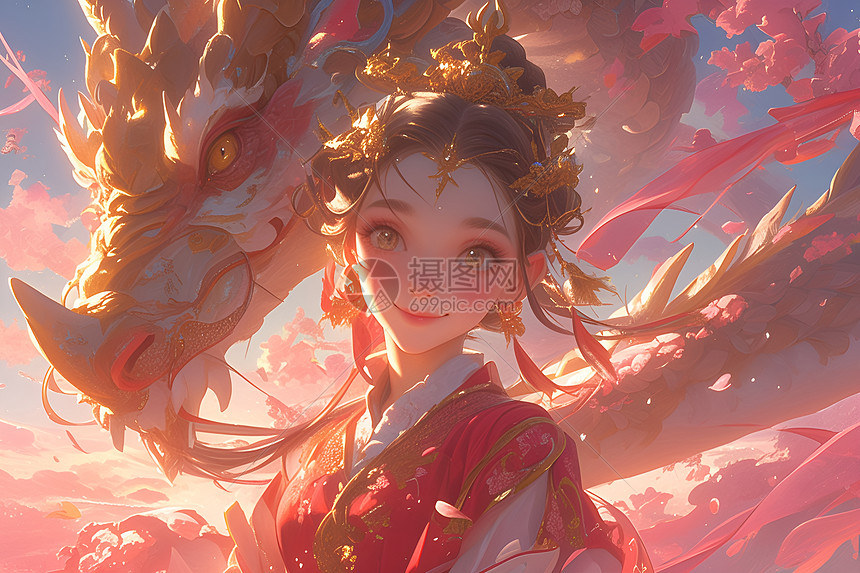 红裙少女与神龙图片