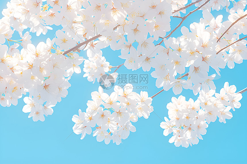 樱花盛开在宁静的蓝天下图片