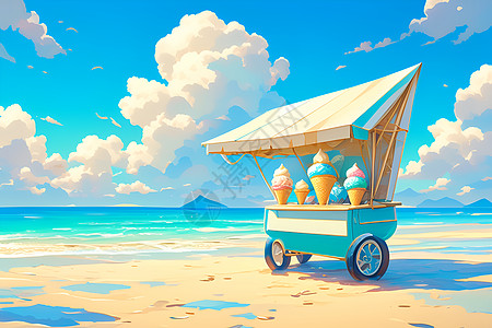 沙滩上的冰淇淋推车图片