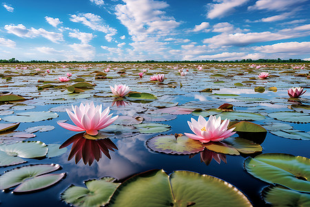 夏日插画湖上莲花绽放背景