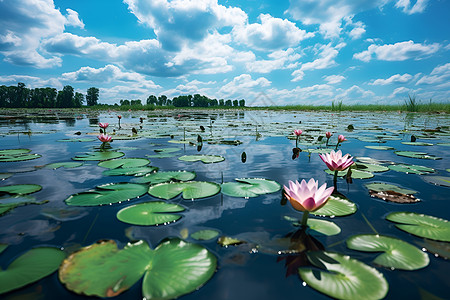 风景插画荷塘上的莲花背景