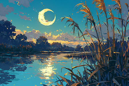 月亮倒映在宁静的河水上图片