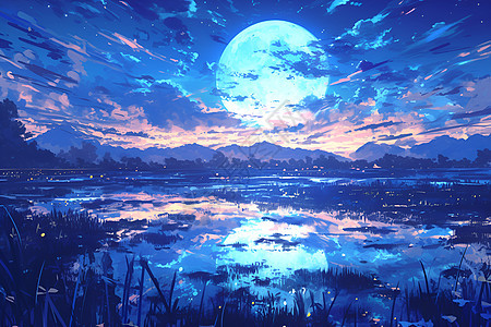 湖畔的月光美景图片