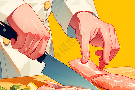 鱼片切鱼肉的厨师插画