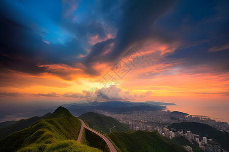 夕阳时的山脉和城市图片