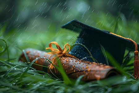 草地上的学士帽和毕业证书图片