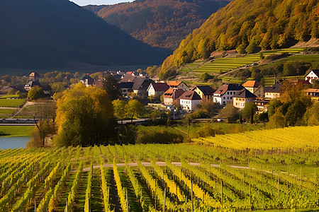 山谷中的村庄和葡萄园图片