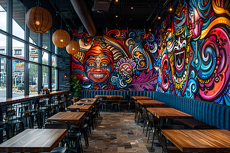 艺术涂鸦艺术餐厅的壁画背景
