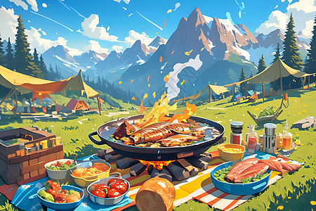 山野中的烤肉图片