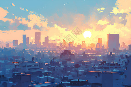 日落时的城市高楼图片
