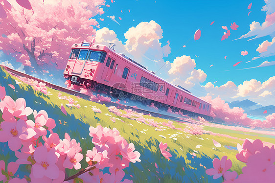 樱花树下的列车图片