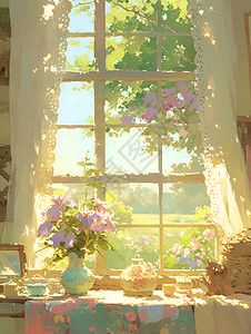 室内窗帘窗台的花瓶插画