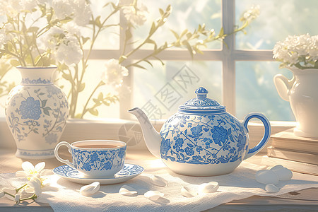 晨光下的茶具背景图片