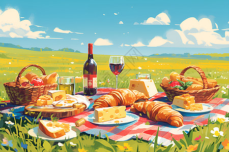 野餐垫上的面包红酒图片