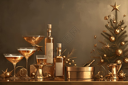桌子上的酒瓶和圣诞树图片
