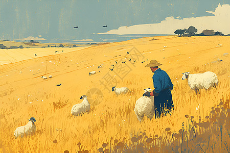 田野里牧羊的农民图片