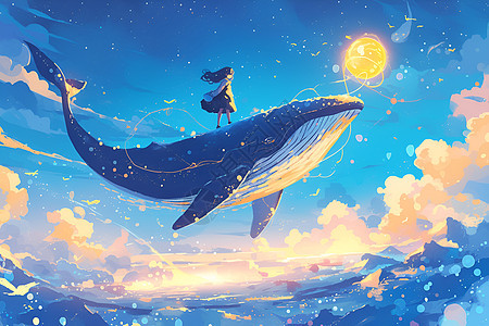 少女乘鲸翱翔星空图片
