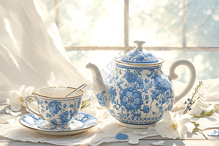 白瓷茶壶在木桌上图片