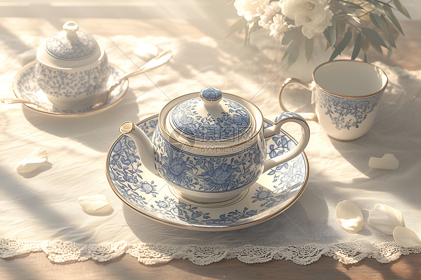 清新雅致的蓝白瓷茶具图片