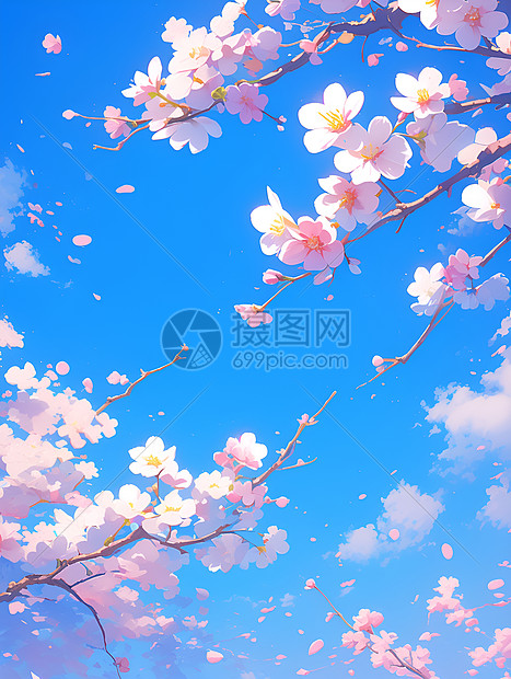 蓝天下盛放的樱花图片
