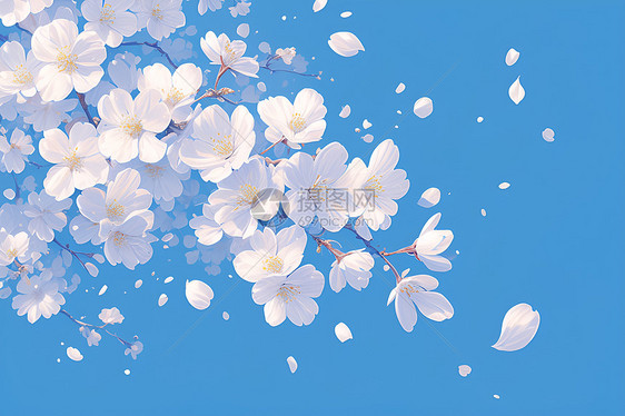 蓝天下飘散的花瓣图片